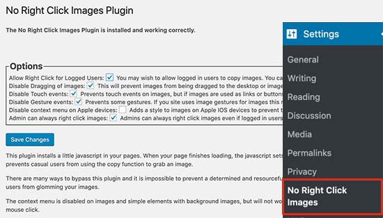 no right click images settings